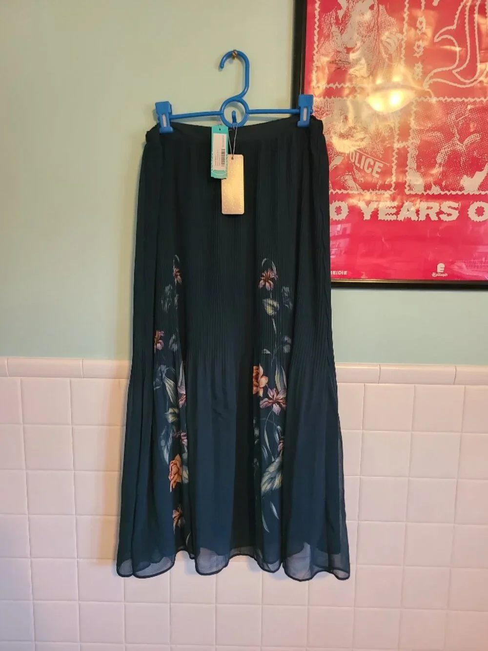 Daniel Rainn Teal Floral Pleated Midi Skirt Women's Size Large NWT